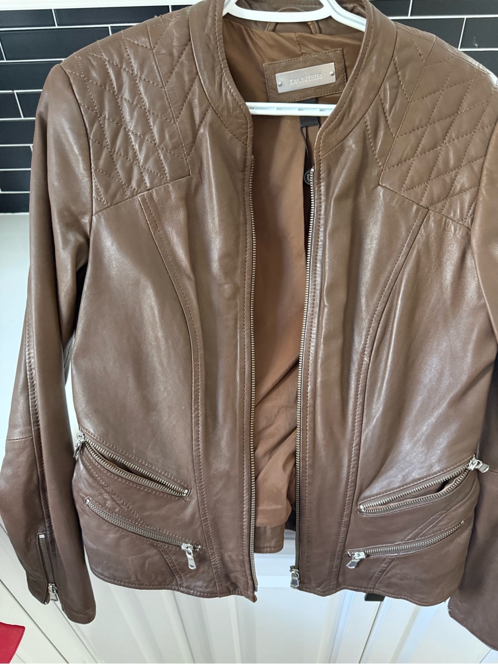 Danier Brown Quilted Shoulder Leather Jacket